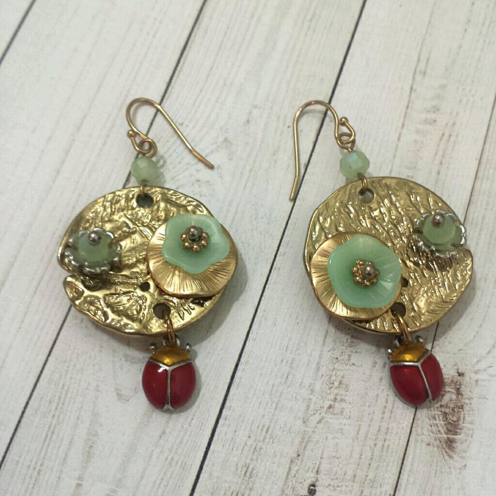 Handmade Green Gold Flower Ladybug Earrings